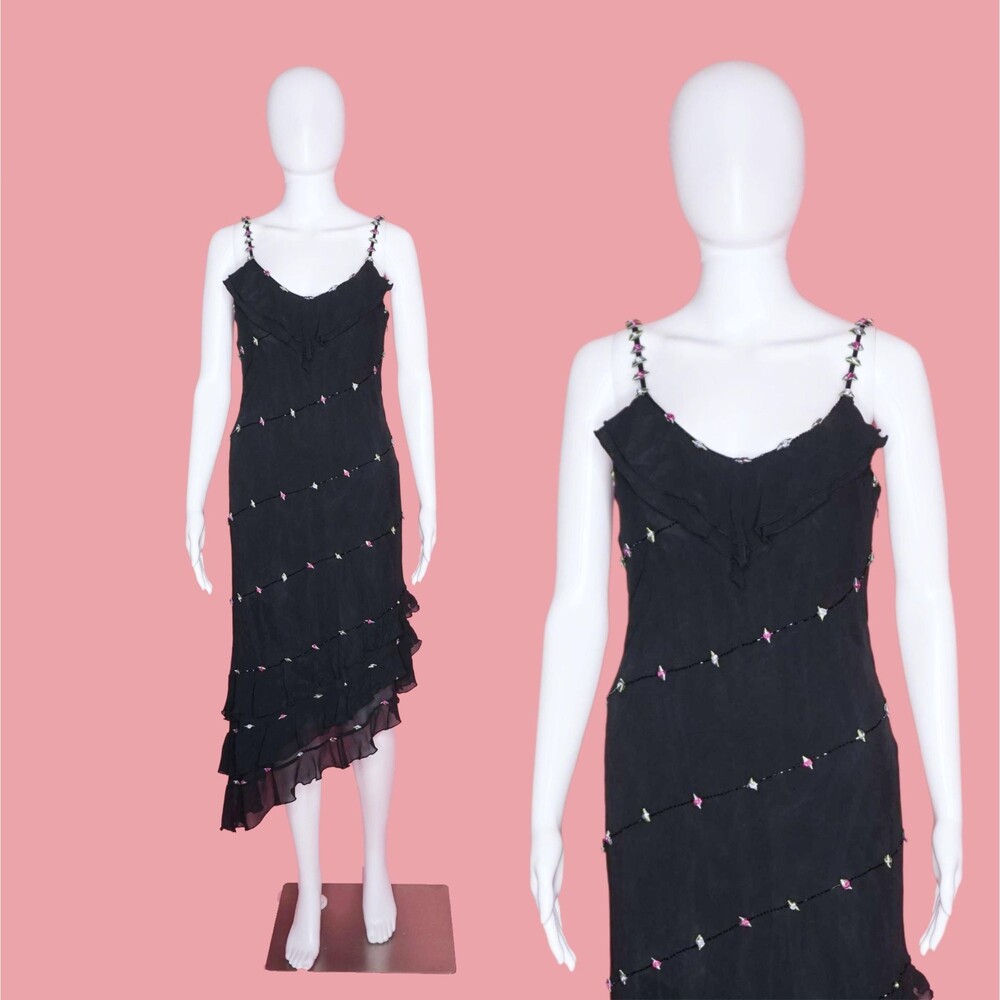 1990s-Y2K SUE WONG Rosette Silk Chiffon ASYMMETRICAL Beaded Dress. S-M. AS IS